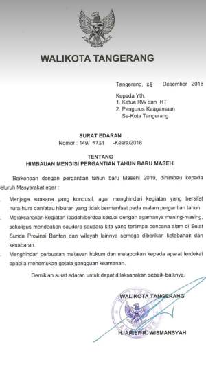 Surat edaran Walikota Tangerang Arief R Wismansyah.