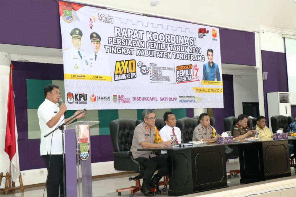 Rapat KOORDINASI (Rakor) Persiapan Pemilu 2019 di Gedung Serba Guna (GSG) Puspemkab Tangerang, Rabu (20/3/2019).