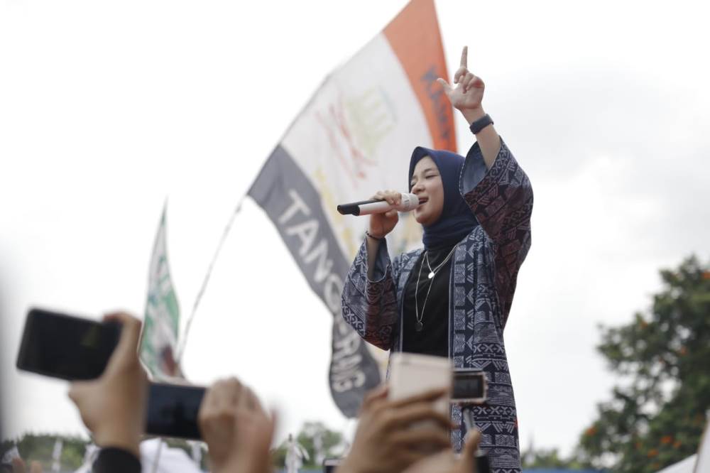 Suasana kampanye akbar terakhir Capres Cawapres nomor urut 02 Prabowo-Sandi di Lapangan Ahmad Yani, Alun-alun, Kota Tangerang, Sabtu (13/4/2019).