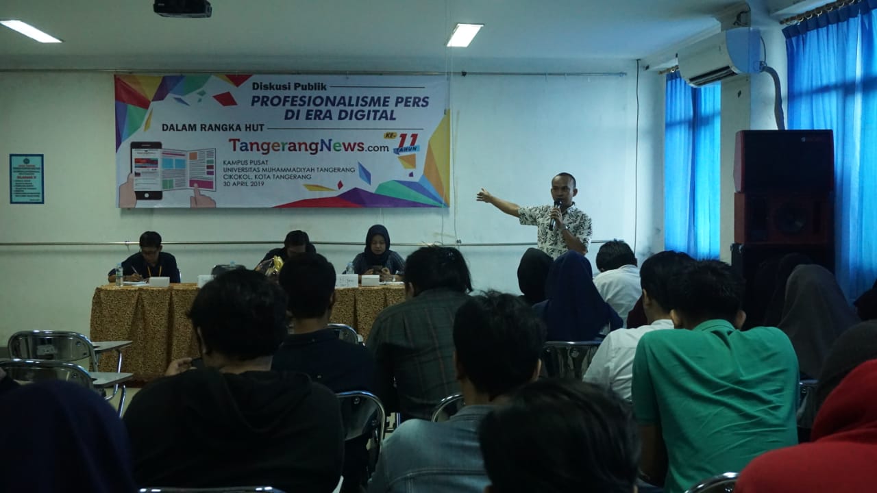 Kegiatan Diskusi Publik bertema Profesionalisme Pers Di Era Digital yang digelar TangerangNews di aula kampus pusat Universitas Muhammadiyah Tangerang (UMT), Cikokol, Kota Tangerang, Selasa (30/4/2019).