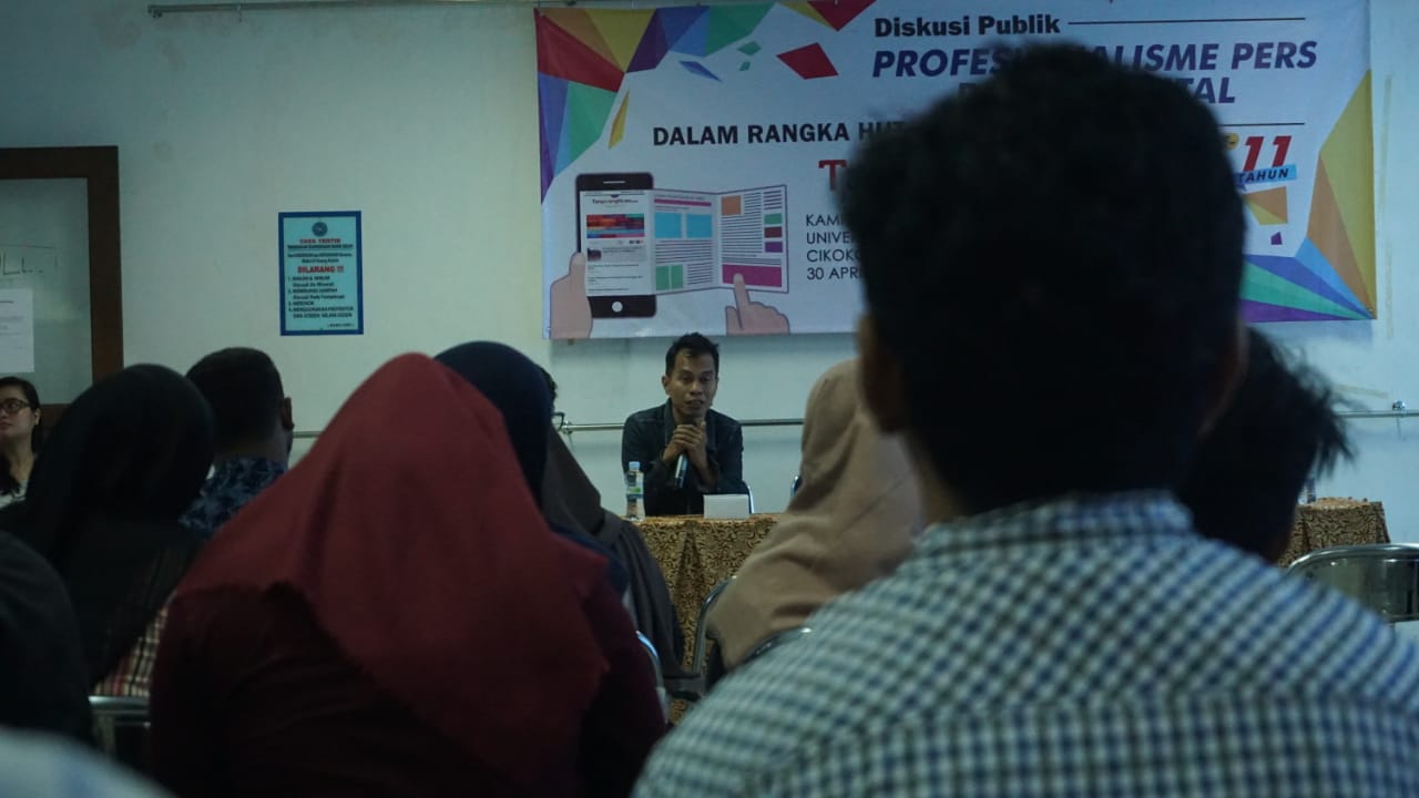 Kegiatan Diskusi Publik bertema Profesionalisme Pers Di Era Digital yang digelar TangerangNews di aula kampus pusat Universitas Muhammadiyah Tangerang (UMT), Cikokol, Kota Tangerang, Selasa (30/4/2019).