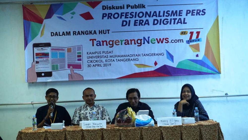 Kegiatan Diskusi Publik bertema Profesionalisme Pers Di Era Digital yang digelar TangerangNews di aula kampus pusat Universitas Muhammadiyah Tangerang (UMT), Cikokol, Kota Tangerang, Selasa (30/4/2019).