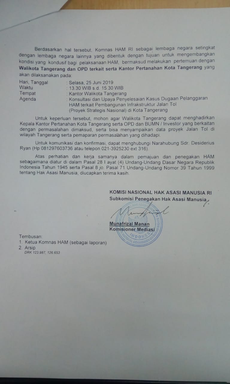 Surat dari Komnas HAM RI untuk Wali Kota Tangerang.