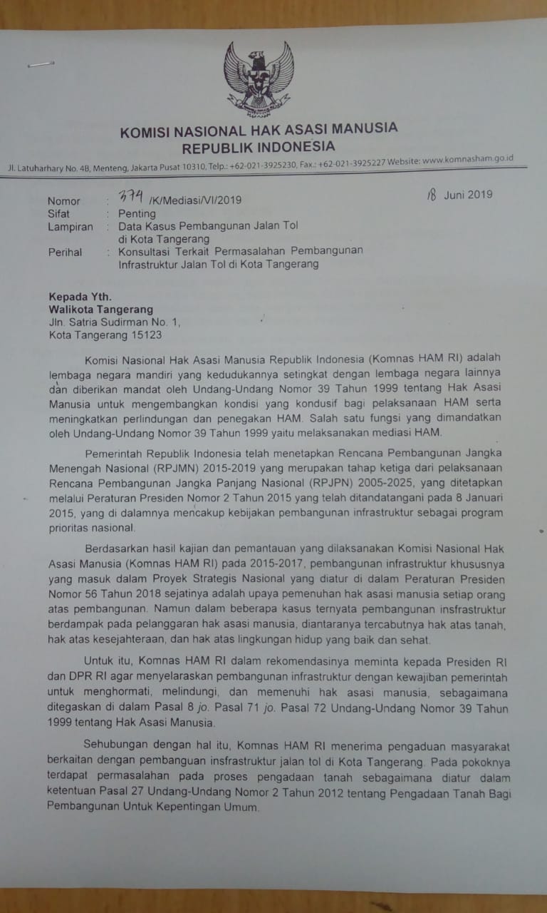 Surat dari Komnas HAM RI untuk Wali Kota Tangerang.