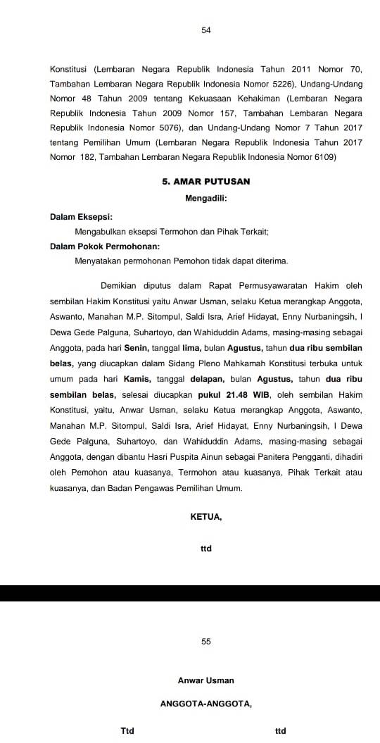 Hasil gugatan partai politik tangsel di MK.