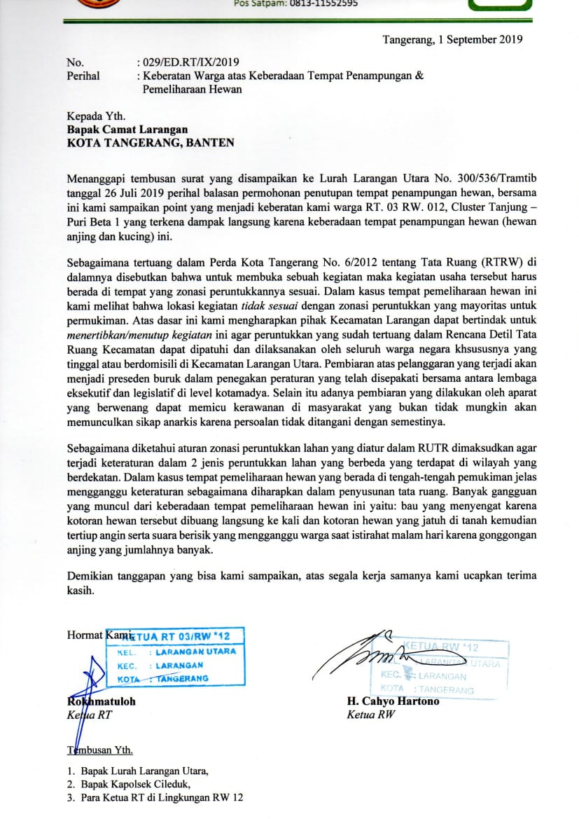 Surat penolakan warga dengan adanya penampungan hewan anjing di Larangan Utara, Kecamatan Larangan, Kota Tangerang.