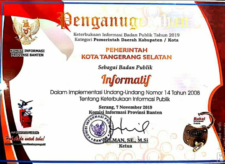 Piagam penghargaan sebagai Kota dengan informasi Badan Publik Tahun 2019 Paling Terbuka dari Komisi Informasi Provinsi Banten.