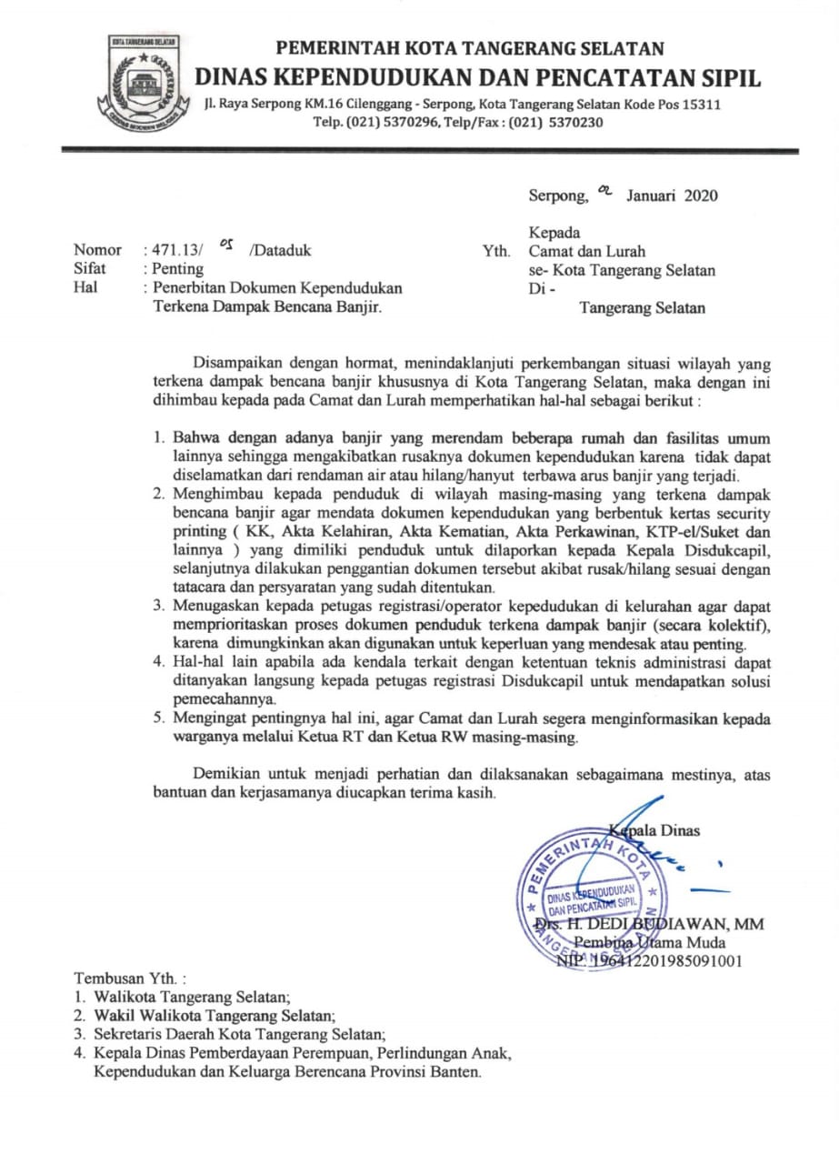 Surat edaran Dinas Kependudukan dan Pencatatan Sipil (Disdukcapil) Kota Tangerang Selatan.