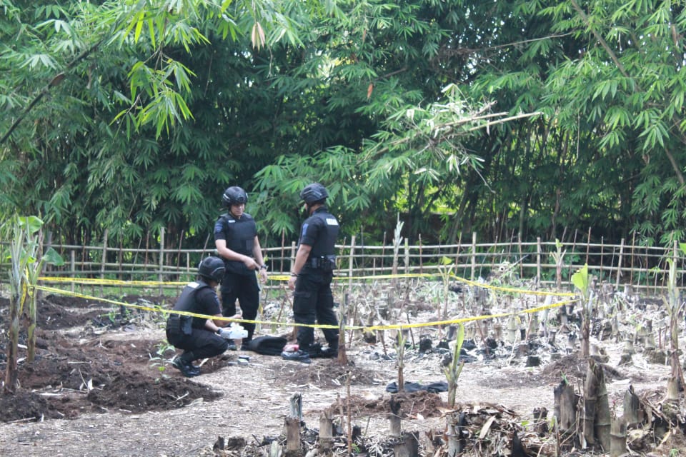 Jajaran Satuan Unit Penjinak Bom (Jibom) Gegana Polda Metro Jaya yang sedang melakukan penyelidikan terhadap mortir militer pada sebuah lahan kosong di Desa Cibogo, Cisauk, Kabupaten Tangerang, Jumat (21/2/2020).