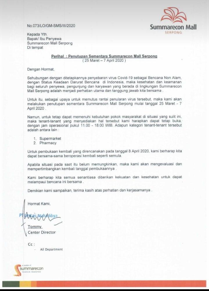 Surat pemberitahuan penutupan Sementara Summarecon Mall Serpong untuk mencegah virus Corona, Selasa (24/3/2020).