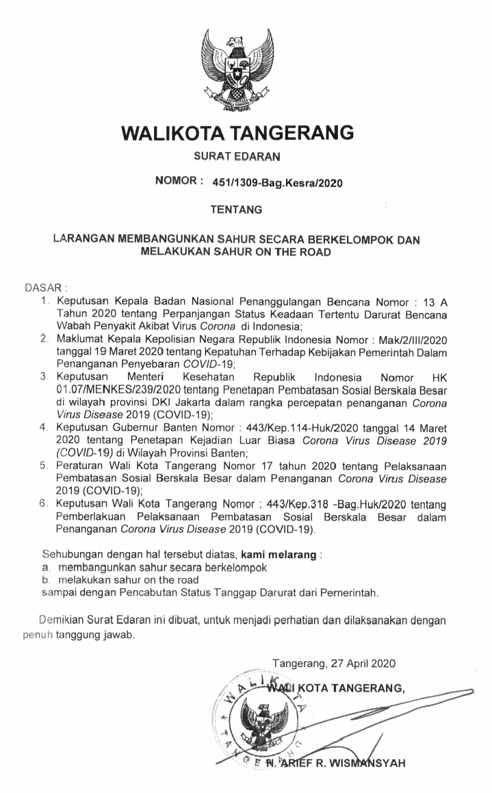 Surat edaran Pemkot Tangerang.