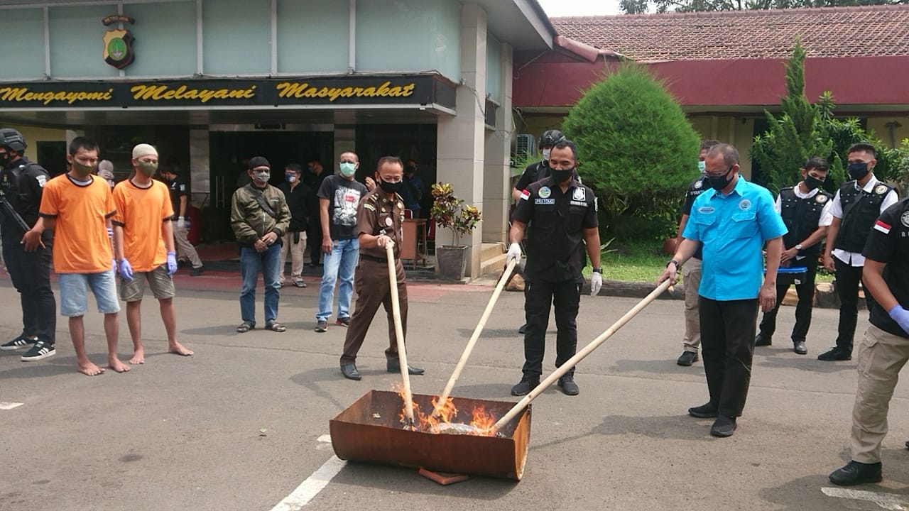 Mapolres Metro Tangerang Kota membakar ganja untuk dimusnahkan, Rabu (29/4/2020).