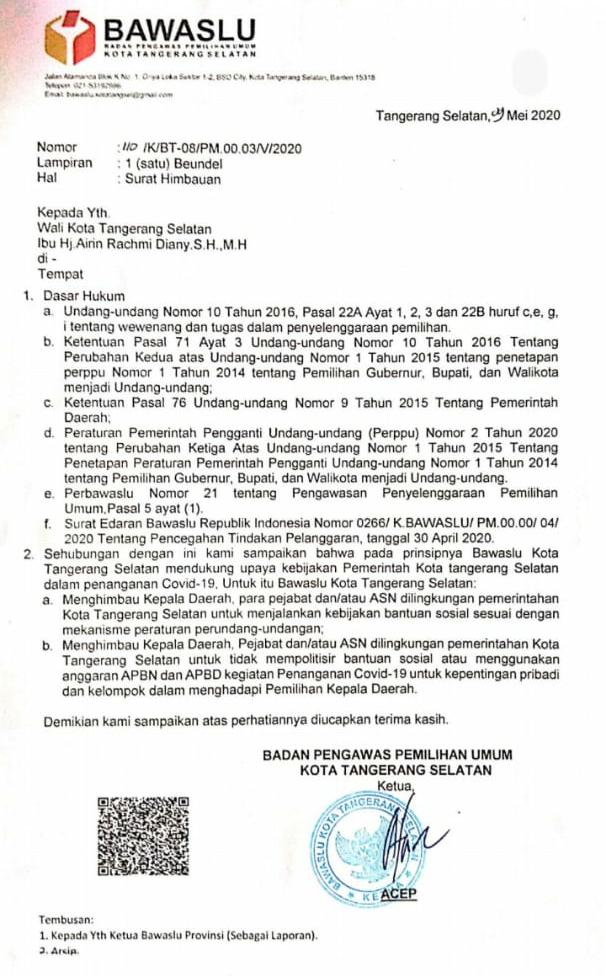 Surat Bawaslu Kota Tangerang Selatan,