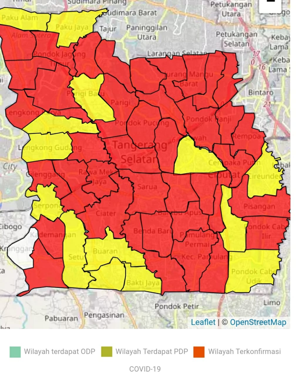 Peta penyebaran kasus COVID-19 di Kota Tangerang Selatan.