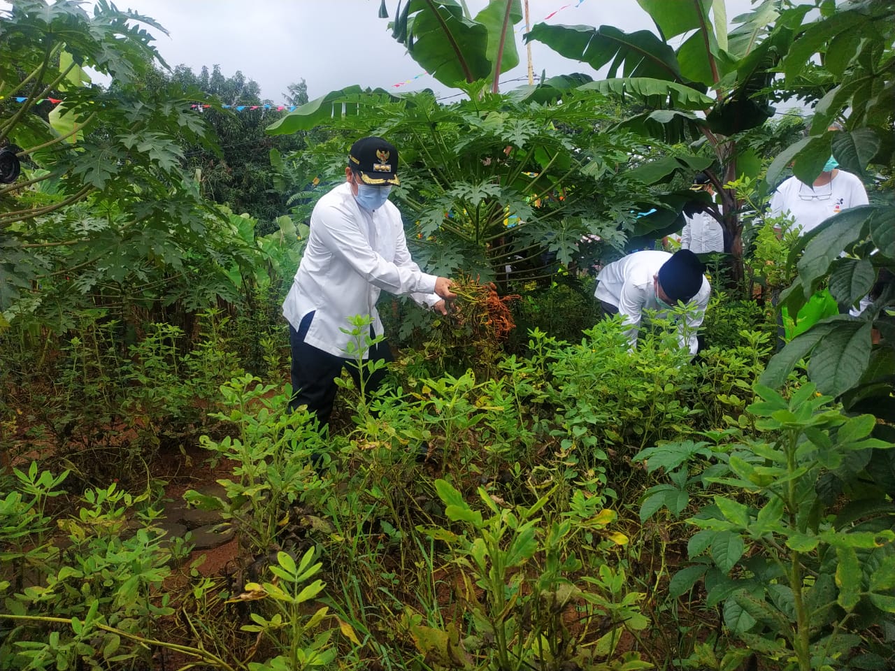 Wali Kota Tangerang Arief R Wismansyah bersama jajaranya berswa foto bersama dengan latar belakang kincir angin di Ecofarm Kampung Baru RW1 Koang Jaya, Kecamatan Karawaci, Kota Tangerang, umat (19/2/2021).