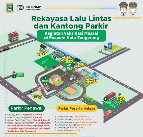 Flayer rekayasa lalu lintas dan kantong parkir dalam rangka kegiatan vaksinasi massal di Pemerintahan Kota (Puspemkot) Tangerang, Senin 14 Juni 2021.