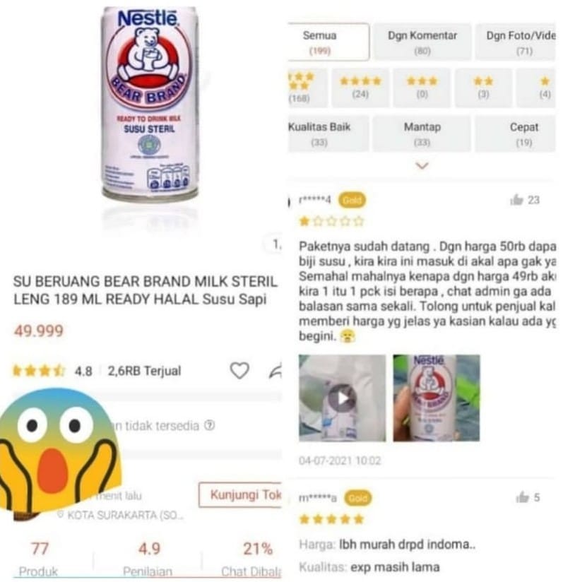 Tangkapan layar informasi produk susu beruang.