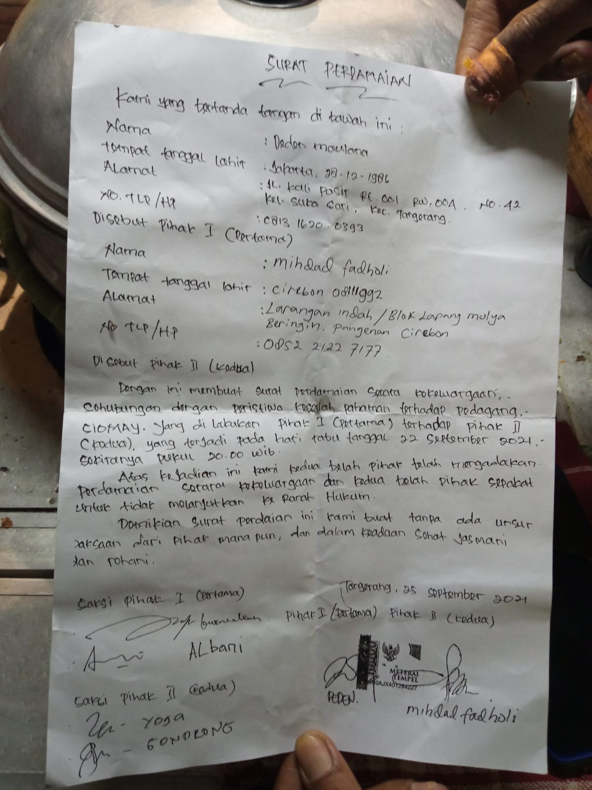 surat pernyataan di atas materai.