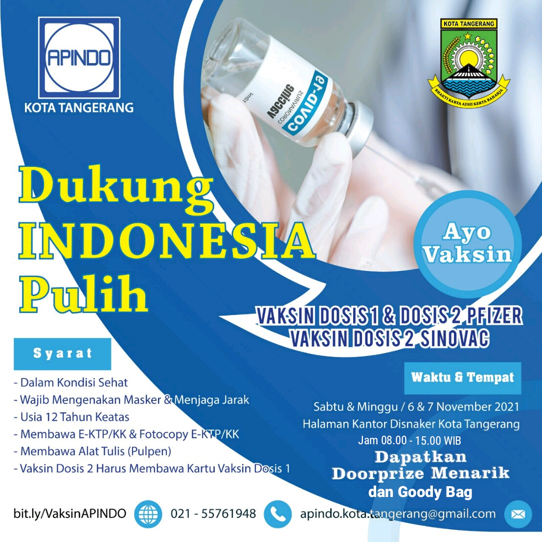 Flayer dukung Indonesia pulih vaksin jenis Pfizer dan Sinovac.