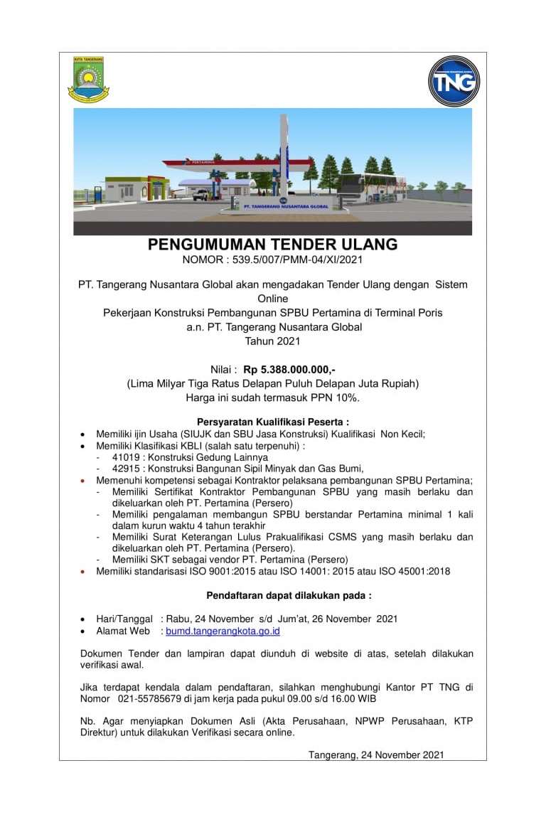 Pengumuman PT TNG terkait lelang ulang tender SPBU Pertamina.