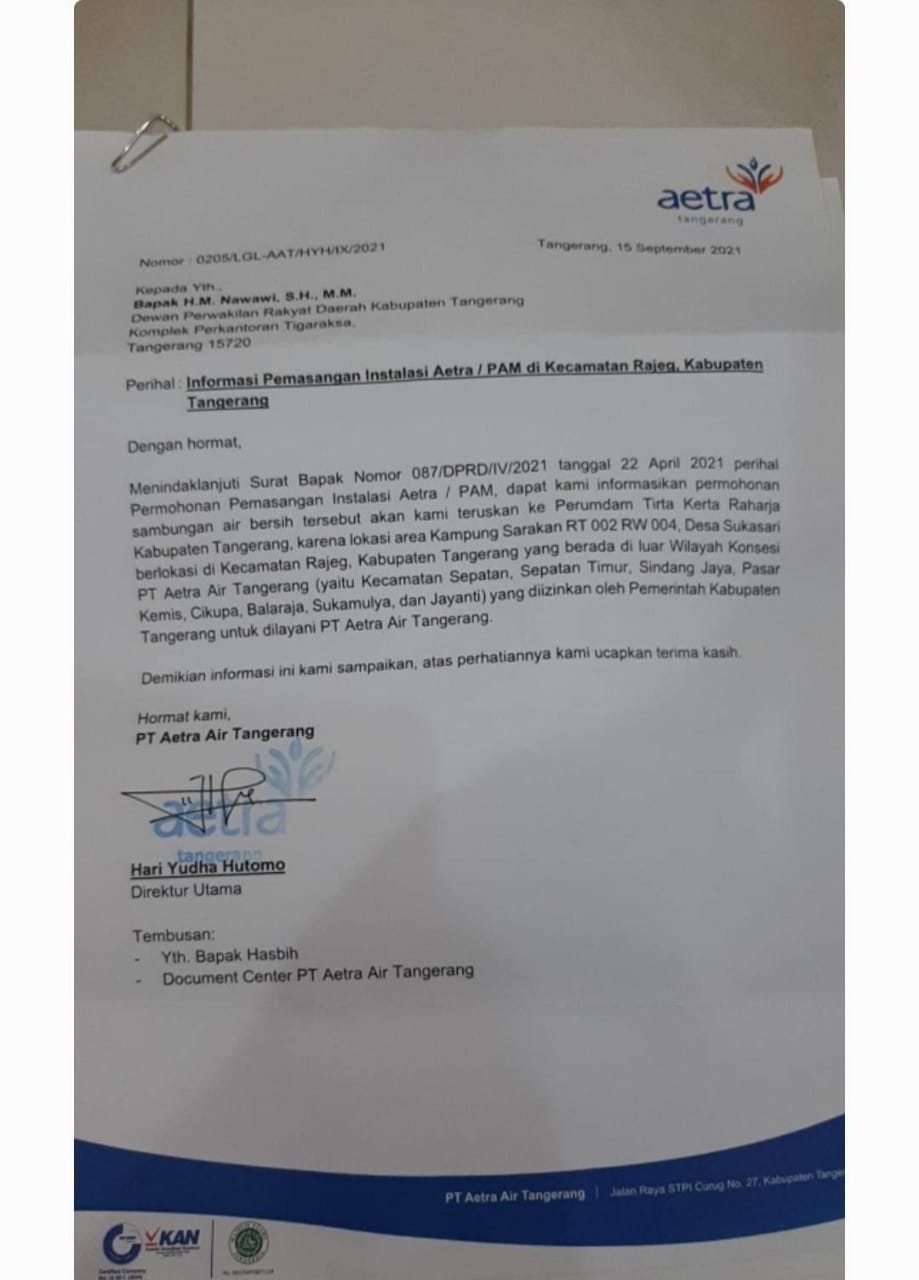 Surat permohonan pemasangan Instalasi Air terhadap Perumdam TKR Kabupaten Tangerang.