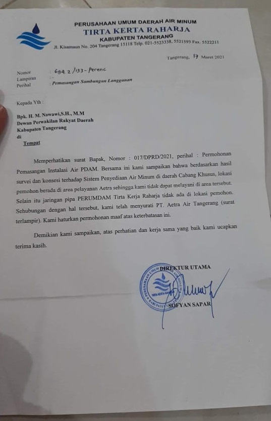 Surat permohonan pemasangan Instalasi Air terhadap Perumdam TKR Kabupaten Tangerang.