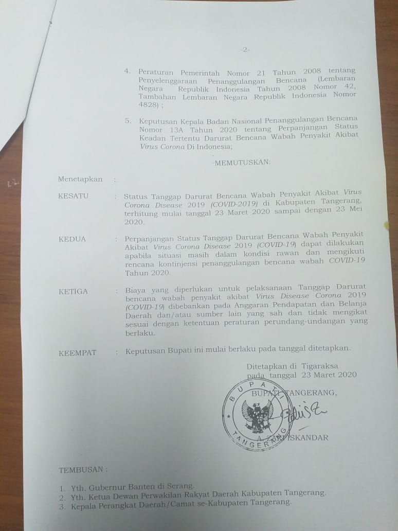 Surat Tanggap darurat wabah Virus Corona (COVID-19) Kabupaten Tangerang.